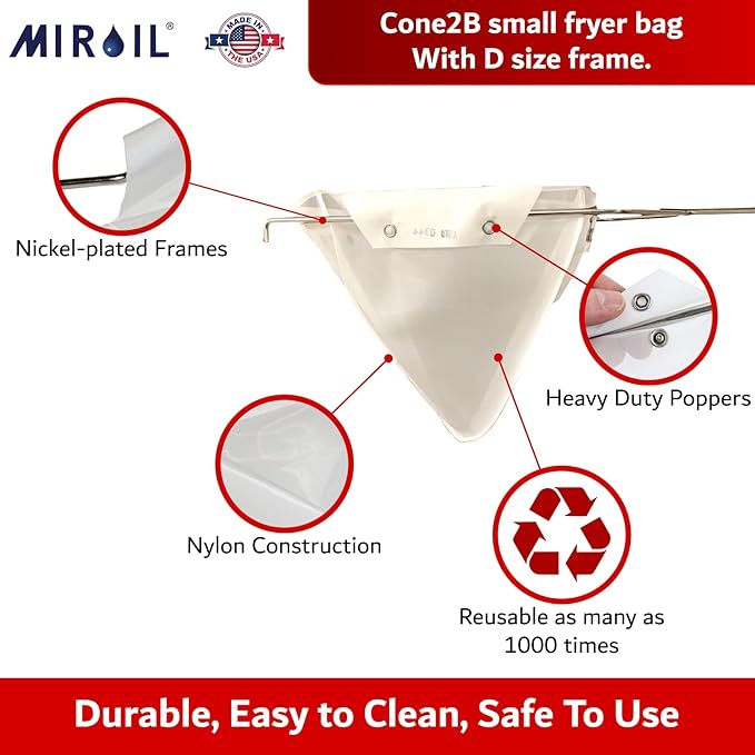 Miroil CONE2B Small Fryer Filter Bag & D Size Frame, MirOil EZ Flow Filter Bag and Frame Combination Set, Ideal for use with MirOil 30L Oil Caddy, Part 02742, Durable, Easy to Clean with Hot Water