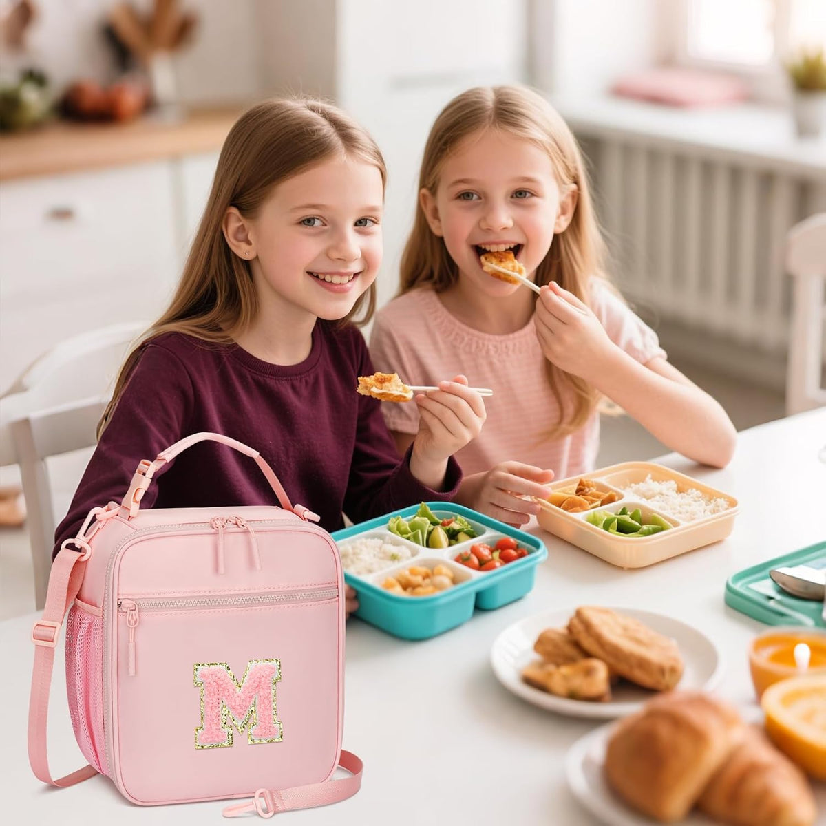 Initial Insulated Lunch Bag for Girls Kids, Back to School Gift, Reusable Leak-proof Lunch Box with Adjustable Strap for School Daycare Travel Picnic (Pink,M)