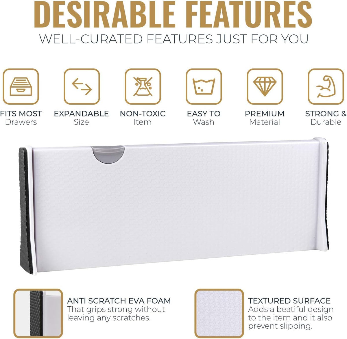 RAPTUROUS Adjustable Deep Drawer Divider – 5" Tall, Expandable 13-22", 10-Pack, Non-Slip Drawer Dividers for Clothes, Dresser, Kitchen & Office Organization (White)