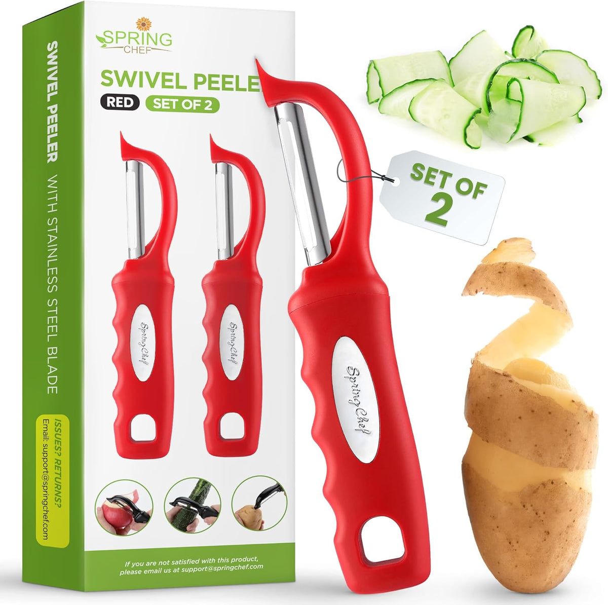 Spring Chef Professional Red Swivel Vegetable Peeler for Kitchen, Stainless Steel Potato Peelers with Soft Grip Handle, Perfect for Peeling Apple, Veggie, Fruit, Carrot, Dishwasher Safe - Set of 2