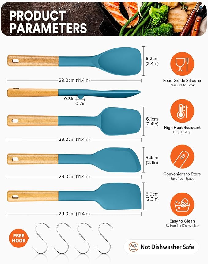 Silicone Spatula Spoon Set, Great for Mixing, Folding, Scraping, and Spreading, Sturdy BPA-Free Matte Silicone, Wooden Handle Rubber Spoonula for Nonstick Cookwares,4 Pack (BLUE)
