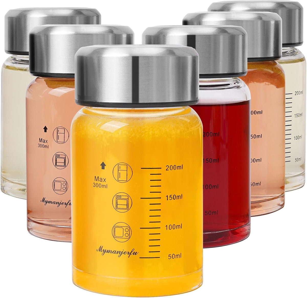 Glass Juice Bottles 6 Pack 10 oz - Wide Mouth Glass Water Bottles with Lids - for Juicing, Smoothies, Milk, Protein, BPA Free, Reusable, Stainless Steel Lids, Leak Proof, Shaker bottle (10oz/300ml)