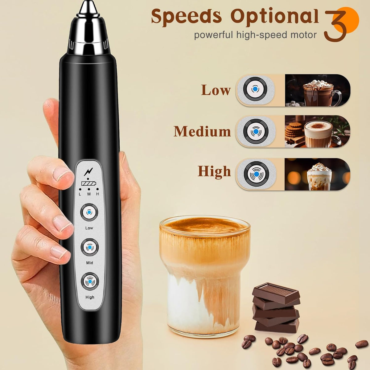 Milk Frother Handheld Rechargeable with Stand, Frother Wand Drink Mixer Electric Whisk for Coffee, Detachable With 3 Stainless Whisks, Hand Mixer for Lattes, Cappuccino, Matcha, Egg, Black