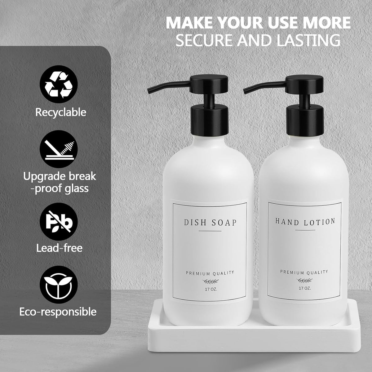 Kitchen Soap Dispenser - Hand and Dish Soap Dispenser Set, Bathroom Glass Soap and Lotion Dispenser with Pump, Tray, 14 Waterproof Labels, Set of 2 White Bottle/Black Pump-pd