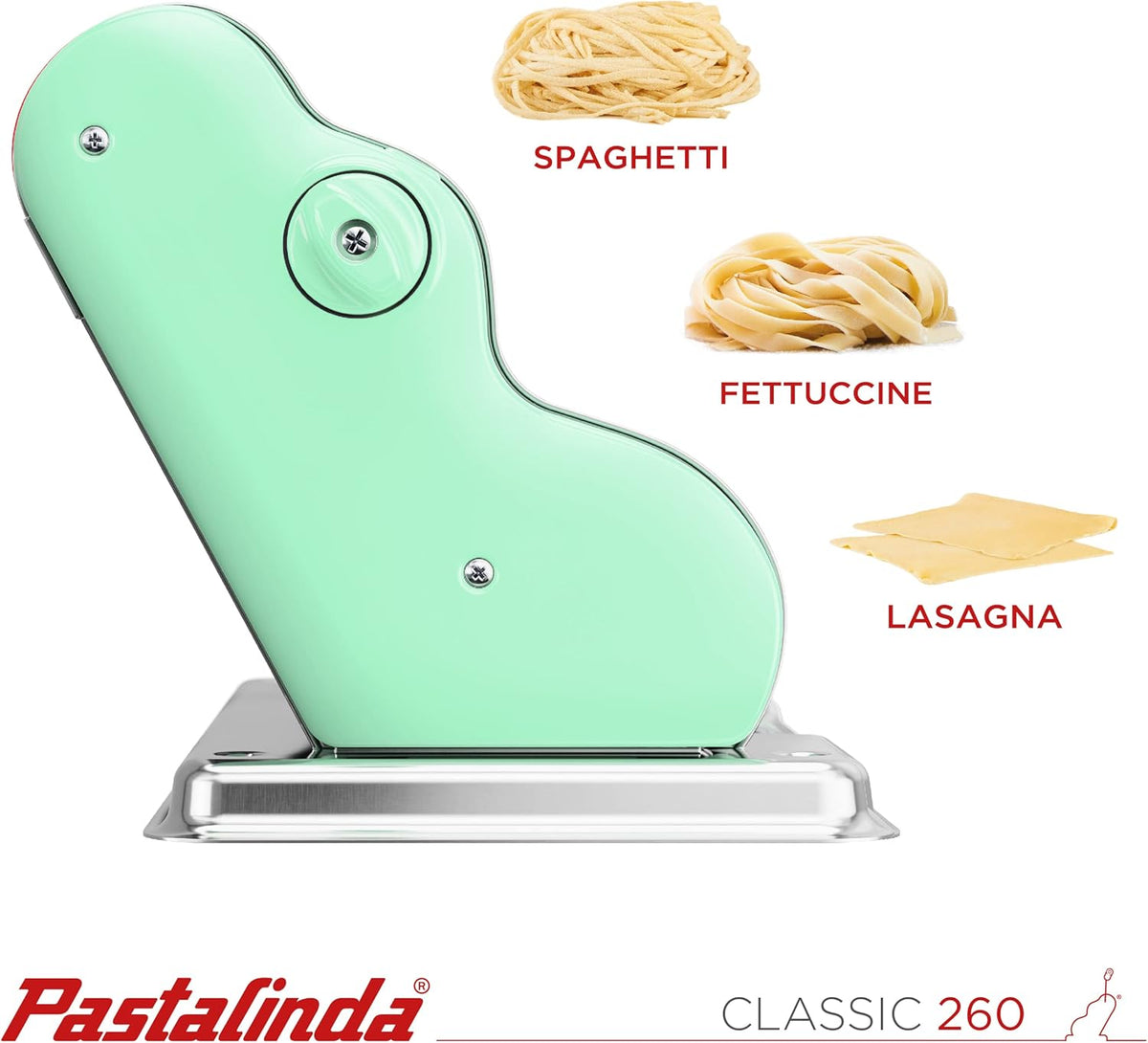 PASTALINDA Classic 260 Pasta Maker Machine, 26 cm Wide Rollers, 9 Thickness Positions, 2 Cutting Positions, Stainless Steel. Includes Reinforced Hand Crank And Two Clamps (Pastel Green)
