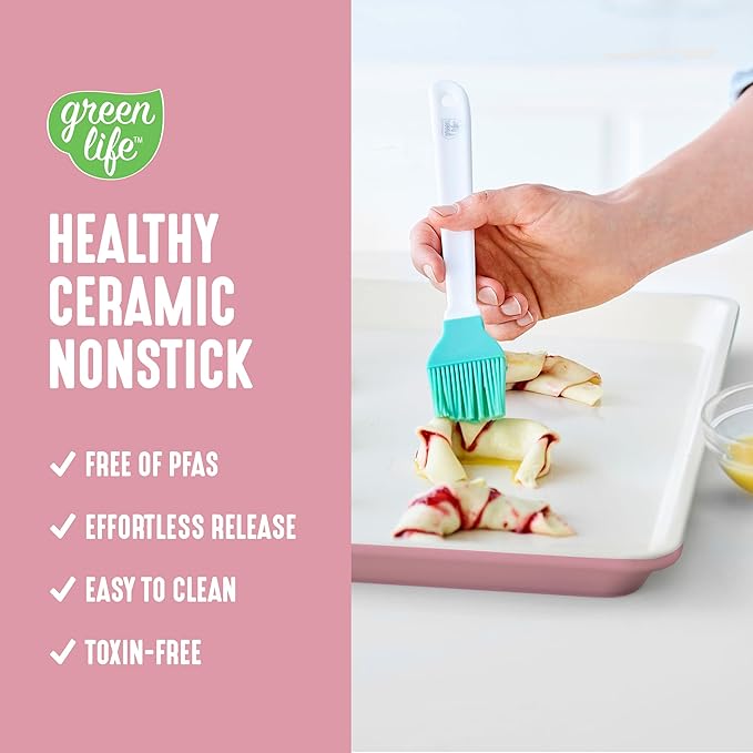 GreenLife Bakeware 18” x 13” Half Cookie Sheet Baking Pan, Non-Toxic PFAS-Free Healthy Ceramic Nonstick, Oven Safe to 450°F, Easy Release, Even Heating, Easy Clean, Pink