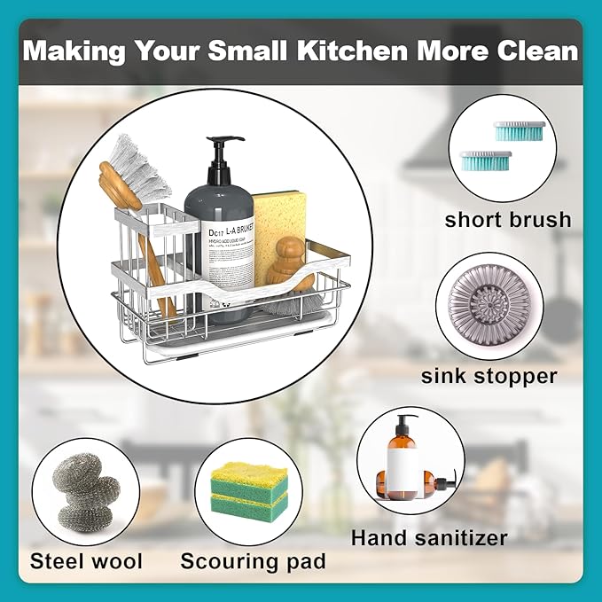 Vanwood Kitchen Sink Caddy Organizer Sponge Holder for Kitchen Sink, Rustproof Dish Soap Sponge Caddy for Counter with Detachable Brush Holder & Drain Tray - Storage Home & Cocina Accesorios, SILVER