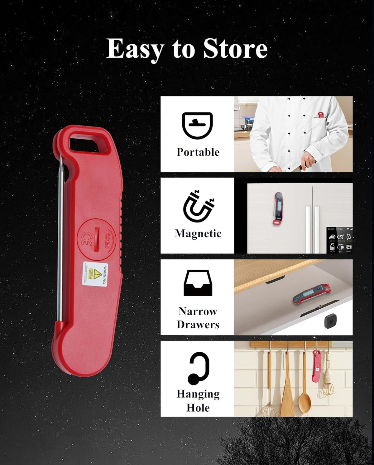 Wisebee Meat Thermometer Digital, 0.5 Sec Instant Read Waterproof Food Thermometer with 180°Auto-Rotate Backlit Display | Anti-Slip Handle | Magnetic Back | Hold Function for Cooking, Red