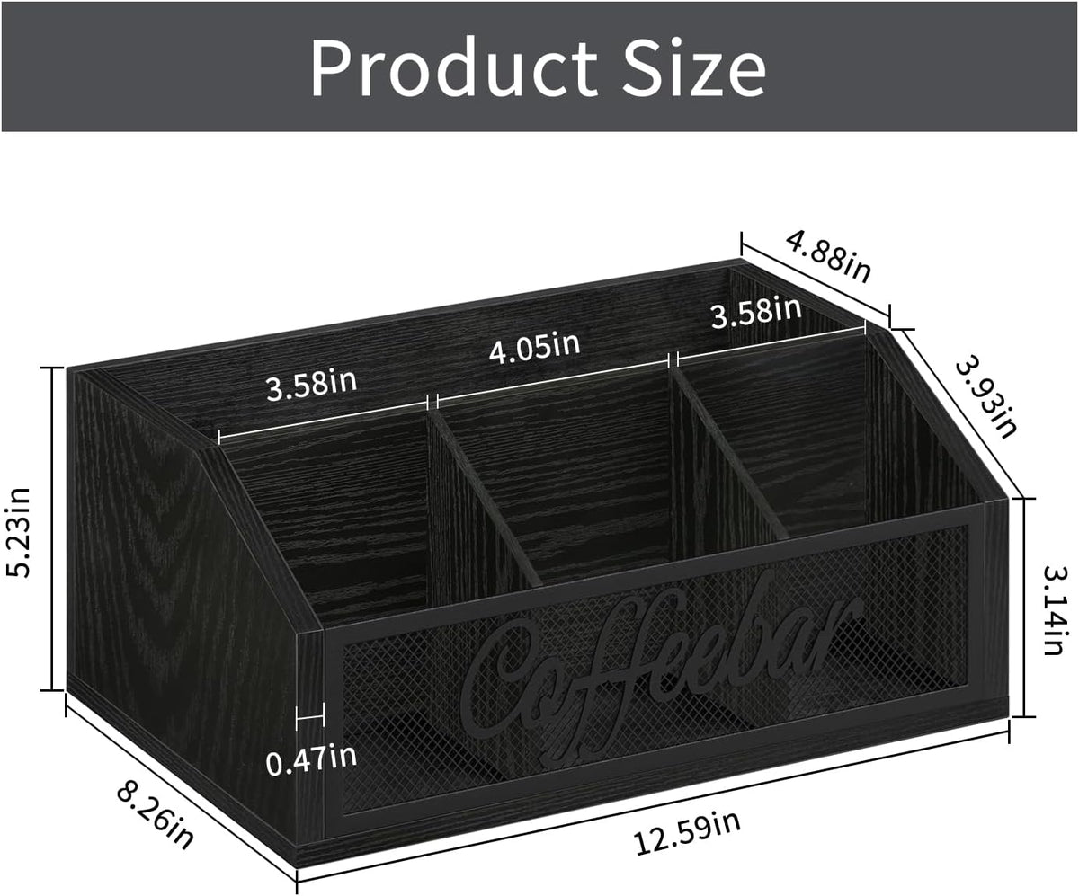 YINMIT Coffee Station Organizer for Countertop, Wood Coffee Bar Organizer with Removable Dividers for Pods, Syrup, Cups, Stirrer, Tea - Office Bar Accessories, Black