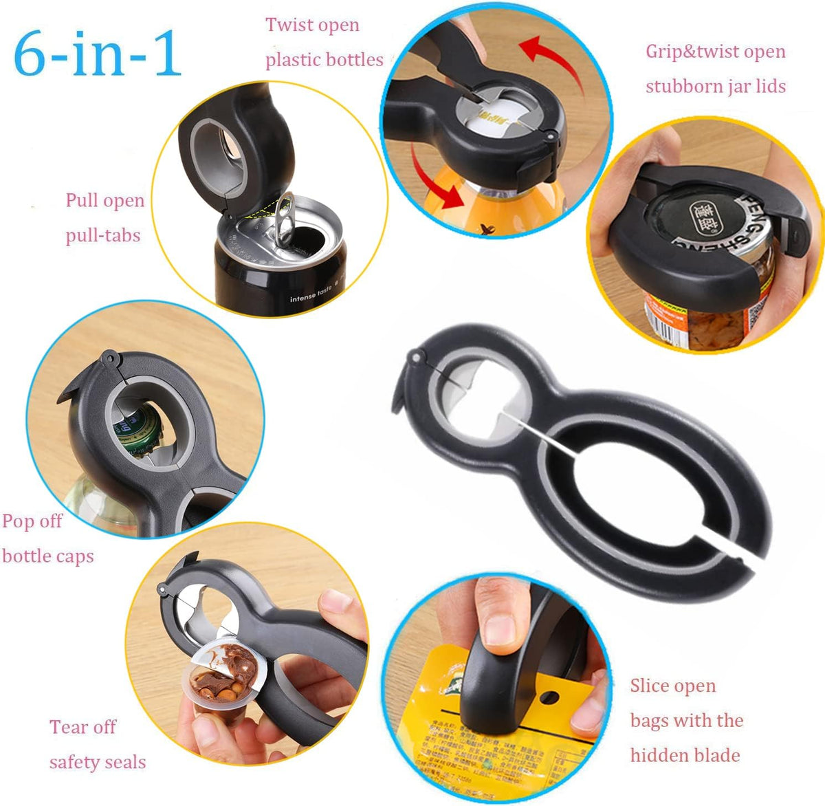 Bottle Opener 6 in 1 Multi Function Can Opener,Multi Kitchen Tool for Jelly Jars, Wine, Beer and other, Bottle Opener to Protect the Nail Use for Children, Elderly and Arthritis Sufferers.