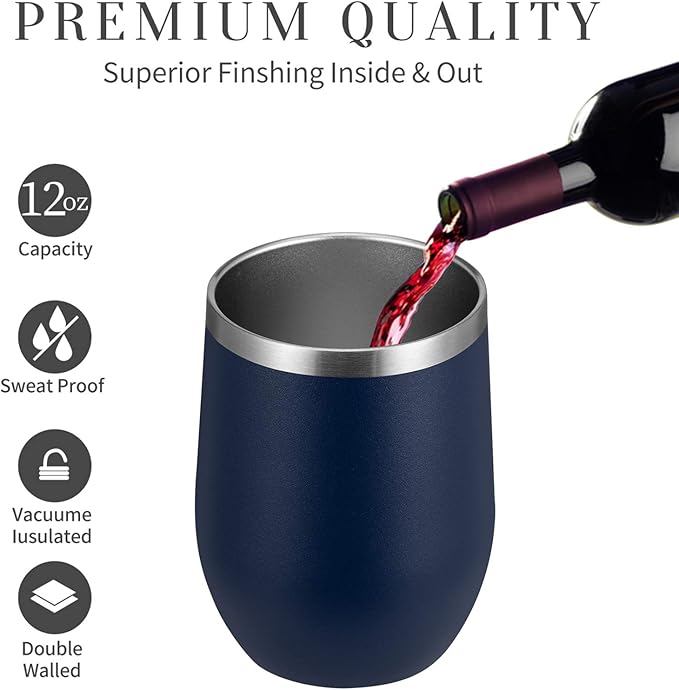 MEWAY 12oz Wine Tumbler 16 Pack Bulk Gifts for Women,Double Wall Vacuum Stainless Steel Travel Mug with Lid,Insulated Stemless Wine Cup Glass for Coffee,Cocktails,Drinks(Navy,Set of 16)