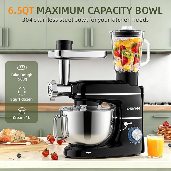 CHeflee Multifunctional Stand Mixer,660W, 6.5QT With Meat Grinder, Vegetable Slicer &1.5L Juice Blender,for Most Home Cooks,Black