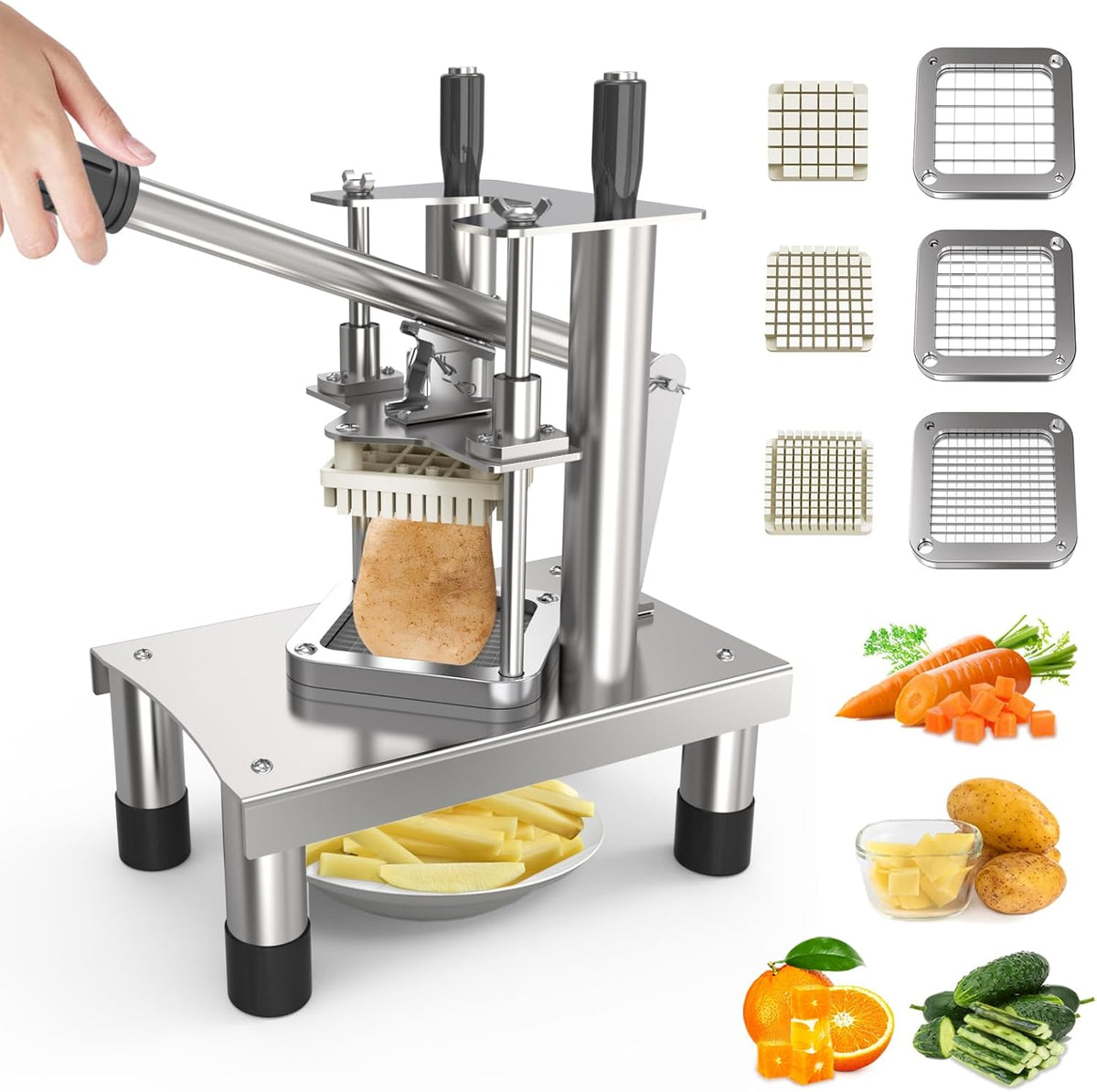 Commercial French Fry Cutter,Stainless Steel French Fries Machine,Heavy Vertical Cutter Vegetable Chopper,with 3 Replacement (1/2 Inch, 3/8 Inch and 1/4 Inch Blades),for Restaurants and Home Kitchen