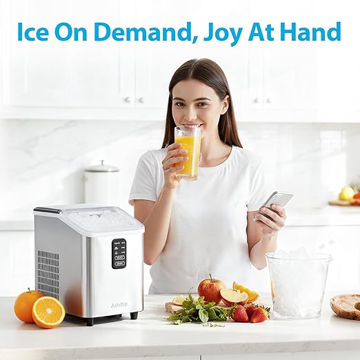 Aeitto Ice Maker Countertop 26lbs/24H, Ice Machine 8 Ice Cubes Ready in 6 Mins, 2 Sizes of Bullet Ice Portable Ice Makers with Basket & Scoop, Auto Self-Cleaning for Home/Kitchen/Office Stainless