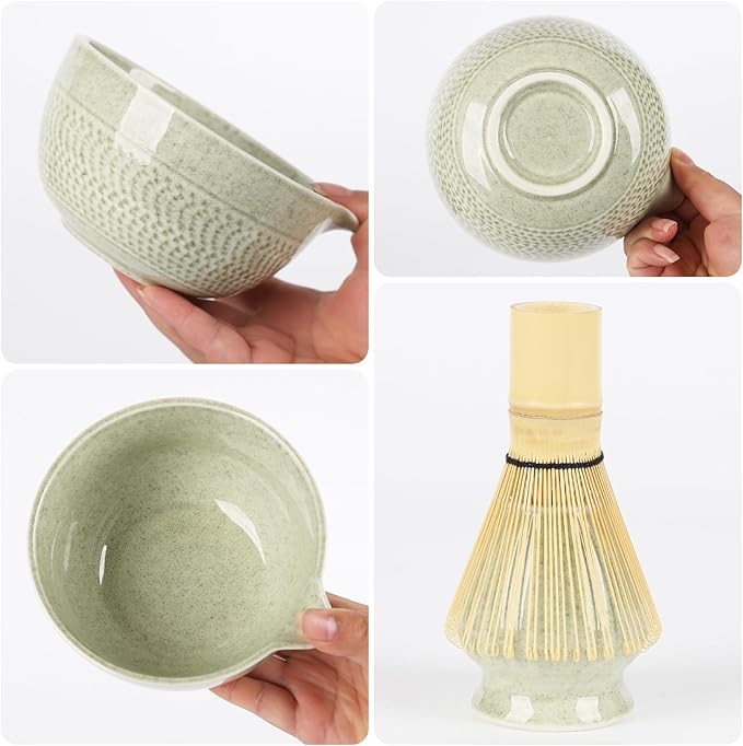Matcha Whisk Set,7 Pcs Ceramic Set Includes Matcha Bowl,Matcha Whisk and Holder, Bamboo Scoop, Scoop Rest, Sifter and Tea Towel, Perfect Kit for Matcha lovers