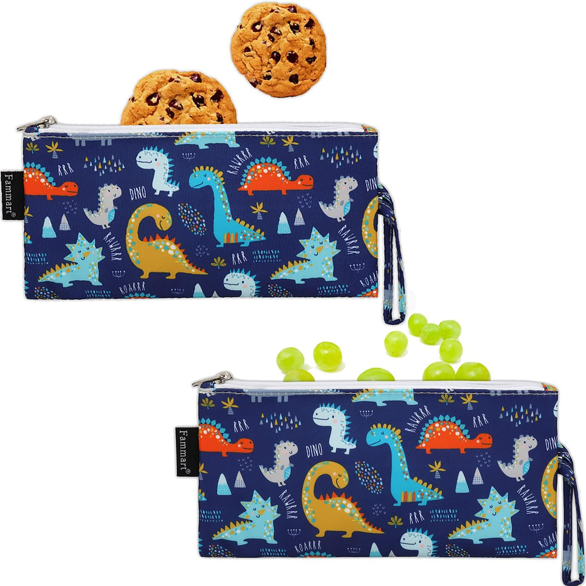 Reusable Sandwich Bag/Snack Bag for Kids & Adults, Dual Layer Lunch Bag with Handle, Washable, Food Safe, BPA Free (2-Pack, Dinosaur)