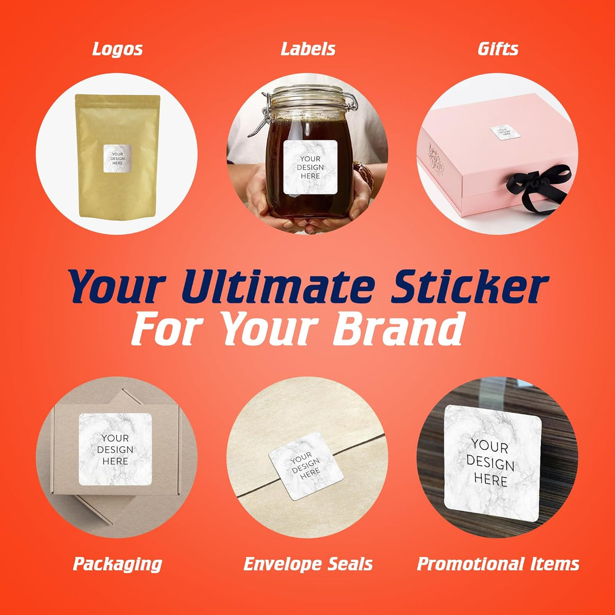 100 Custom Vinyl Stickers - Upload Your own Image, Text, Design, Logo - Personalized Logo Labels for Handmade, Packaging, Bottle, Jars, Candle, Brand Stickers (Silver Marble, 1.5x1.5 Square)
