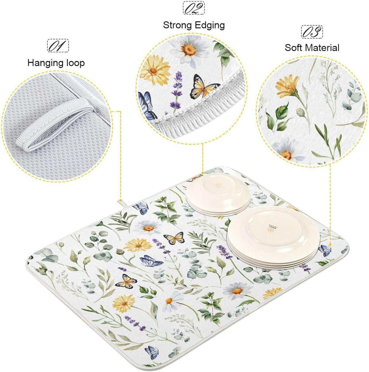Wildflowers Butterflies Botanical Leaves Dish Drying Mat for Kitchen Counter Absorbent Microfiber Drying Pad, Medium 16x18 in, Reversible Drainer Mats