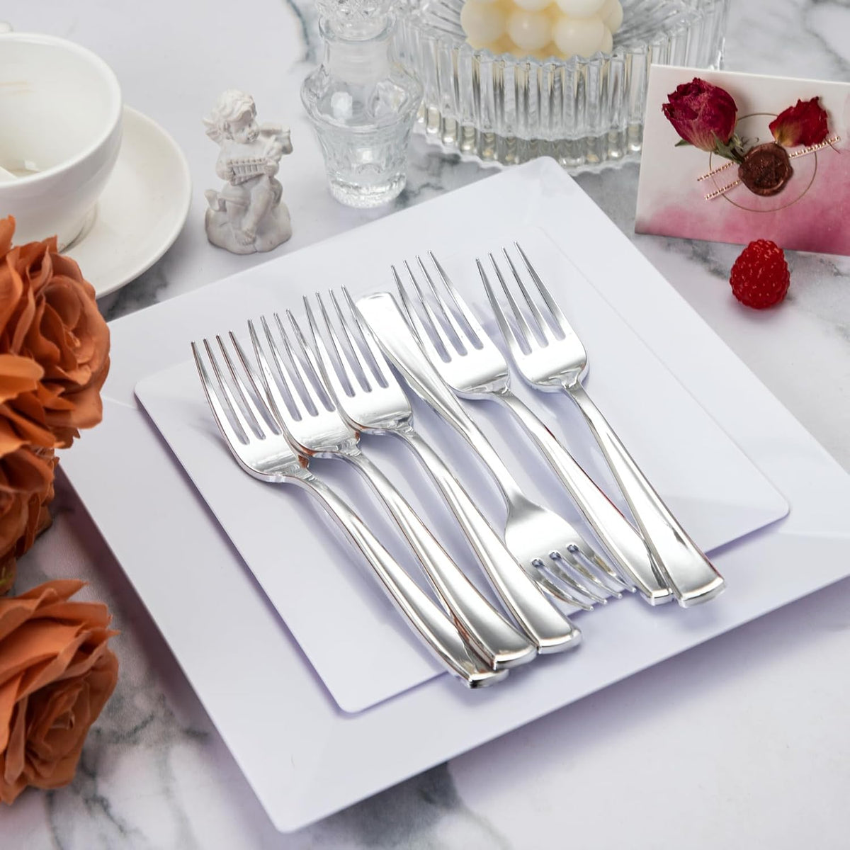Liacere 200 Pack Silver Plastic Forks - 7.4 inch Heavy Duty Plastic Forks - Heavyweight Disposable Forks - Silver Plastic Silverware for Catering, Parties, Dinners, Valentine's Day