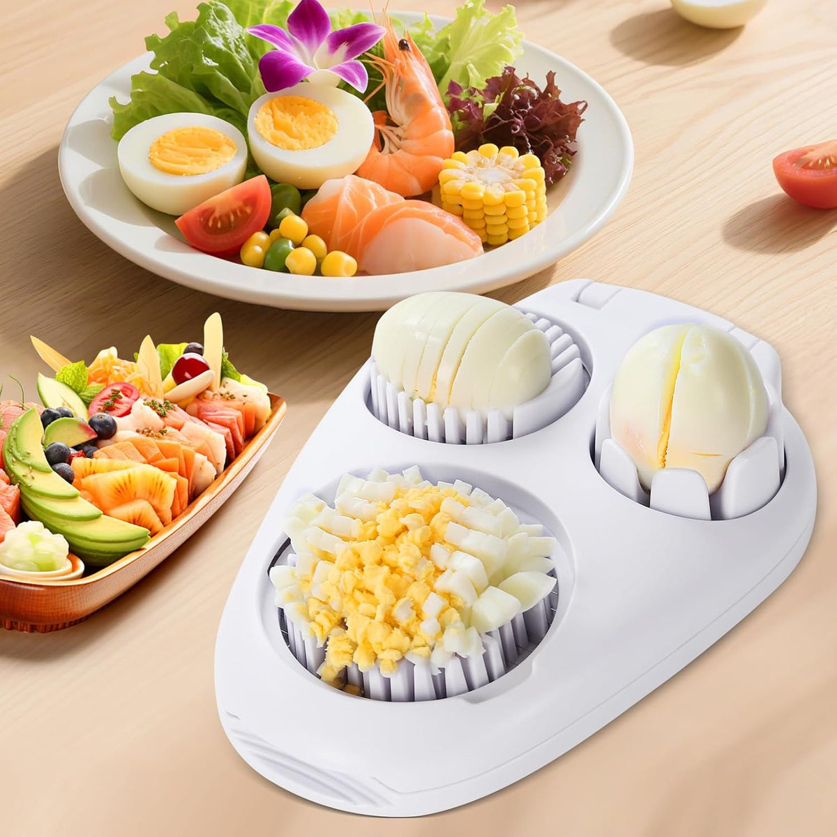 Nbippiooiwip 3-In-1egg Slicer For Hard Boiled Eggs,egg slicer 3 ways,Stainless Heavy Duty Steel Egg Slicer Kitchen Gadget, Fit Strawberry,Apple,Banana,Cherry,Tomato,White