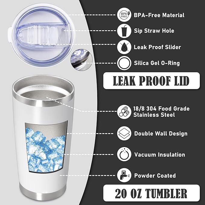 20 oz Tumbler Coffee Travel Tumblers Bulk with Lid Stainless Steel Double Wall Vacuum Insulated Mug Powder Coated Cups fit Car Cupholder for Hot and Cold - White, 8Pack