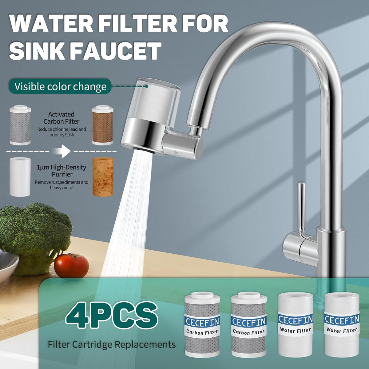 CECEFIN Swivel Water-Filter for Sink-Faucet - Faucet Mount Water Filtration System, Carbon Purifier Reduces 99% Chlorine, Last 528 Gallons Tap Water, Fits Most Pull Out Kitchen/Bathroom/RV Faucets