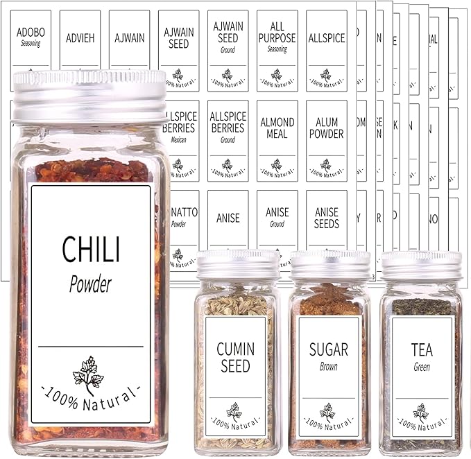 SWOMMOLY 48 Glass Spice Jars with 806 White Spice Labels, Chalk Marker and Funnel Complete Set. Empty Square Spice Bottles 4 oz, Spice Containers with Pour/sift Shaker Lid, Airtight Cap