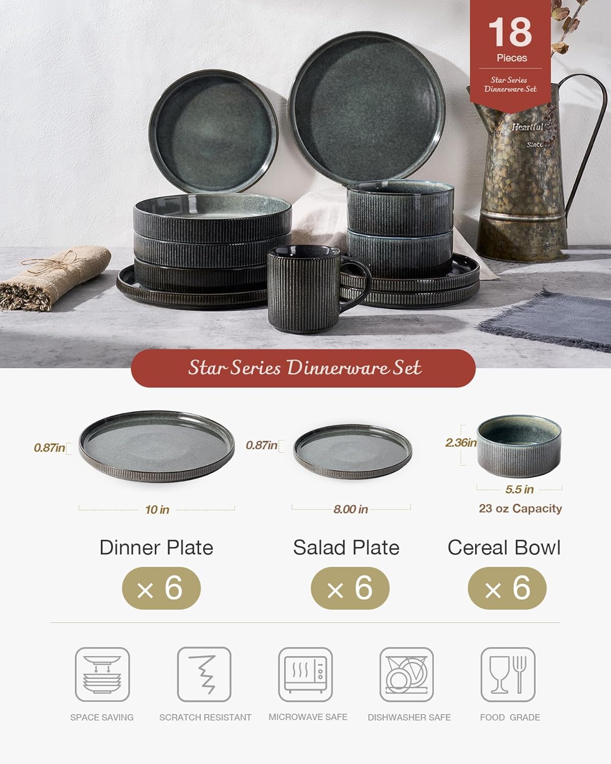 Famiware Star Dinnerware Set, Plates and Bowls Sets for 6 (18pcs), Ribbed Stoneware Dishes - Chip & Scratch Resistant, Microwave & Dishwasher Safe Kitchenware, Deep Forest