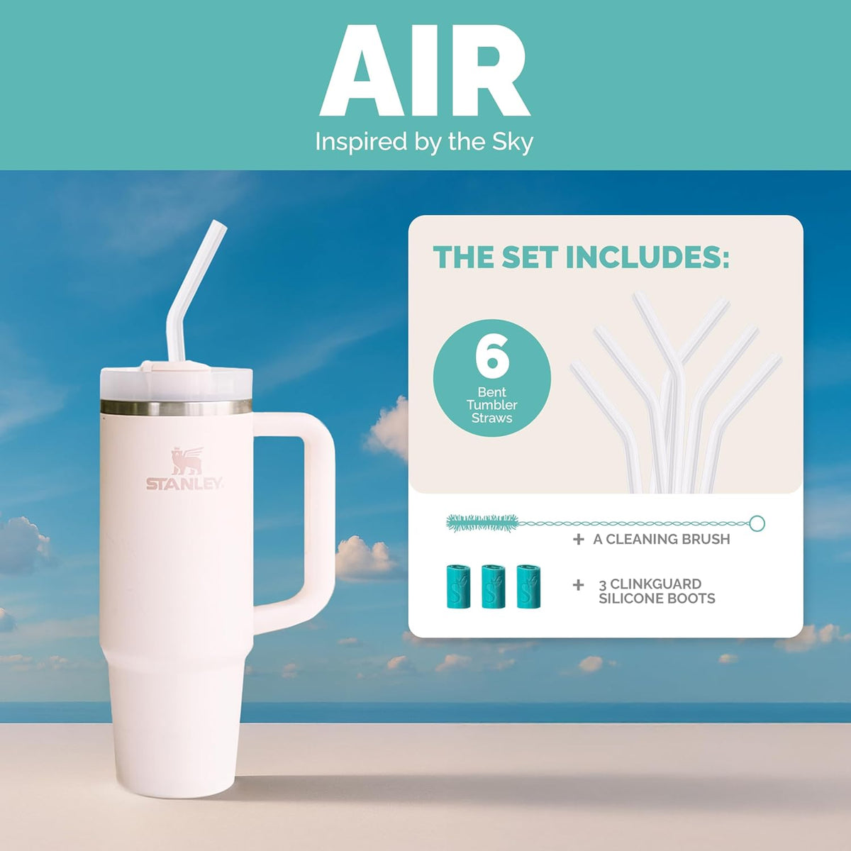 Simply Straws 12 Inch Glass Straws Bent (6-Pack) – Reusable Glass Straws for Stanley 40 Oz Tumbler, with Cleaning Brush – Durable, Dishwasher Safe, Hot & Cold Use, BPA-Free (Air)
