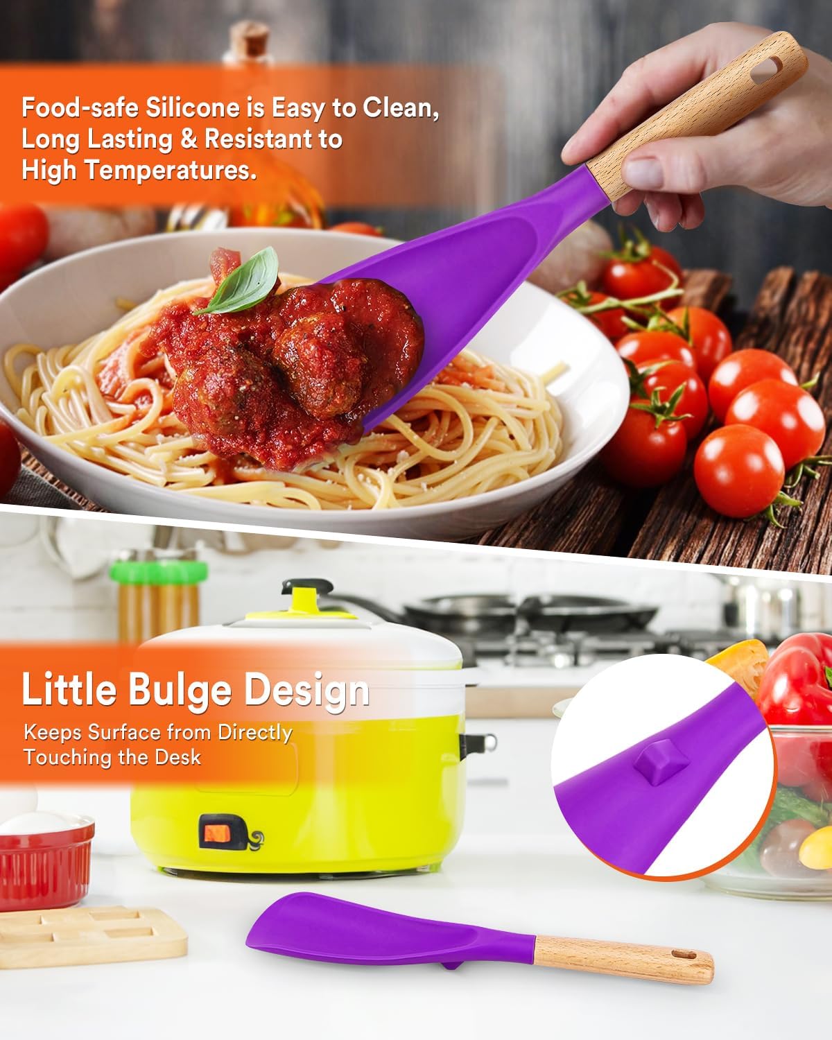 Cooking Spoon and Rice Scooper for Nonstick Cookwares, Great for Cooking and Serving Sturdy BPA-Free Matte Silicone, Wood Handle Spoon for Mixing, Scoop, and Scrape (BERRY)