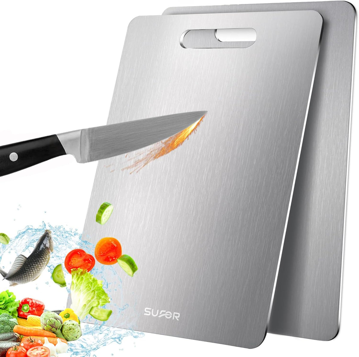 2 Pack Titanium Cutting Board - 100% Pure Titanium Cutting Boards For Kitche,Easy to clean, Double-sided food-grade Cutting Board For Cutting Meats, Fruits And Vegetables,15 * 11