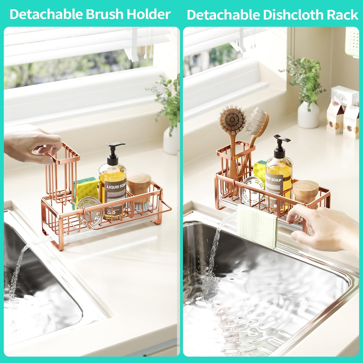 HapiRm Sponge Holder for Kitchen Sink - Self-draining Sink Caddy with Brush and Dishcloth Holders, Stainless Steel Kitchen Organizer for Countertop - Rose Gold