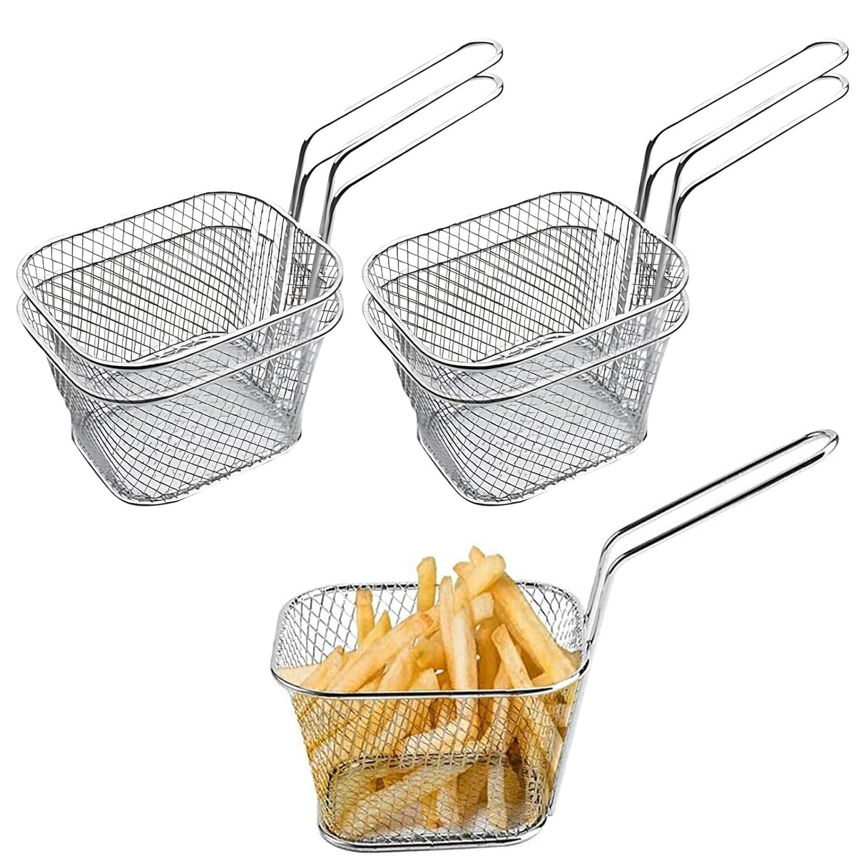 4 Pcs Mini Square Fry Baskets, 4.13×3.3×2.5inch Stainless Steel Fry Basket with Handle Steel French Fry Chip Basket French Fries Desk Food Presentation Mesh Basket Kitchen Cooking Tool