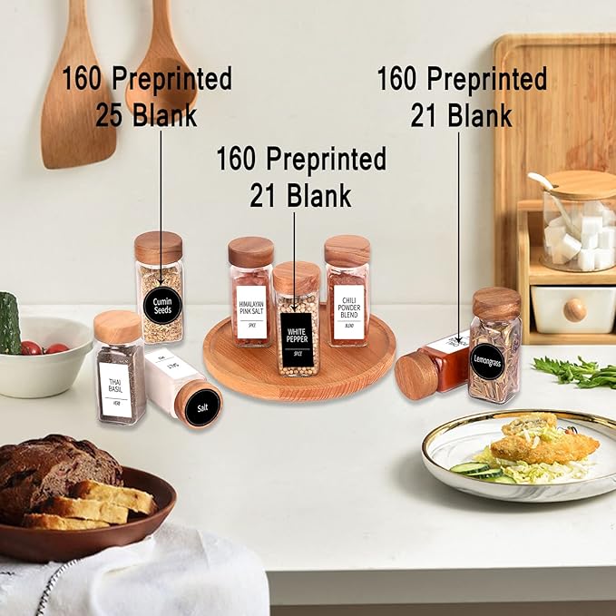 Churboro 48 Spice Jars with 547 Labels and Shaker Lids - Glass - 4 Oz Square Containers with Acacia Wood Lids, Chalk Pen, Funnel Seasoning Jars for Spice Rack, Cabinet, or Drawer
