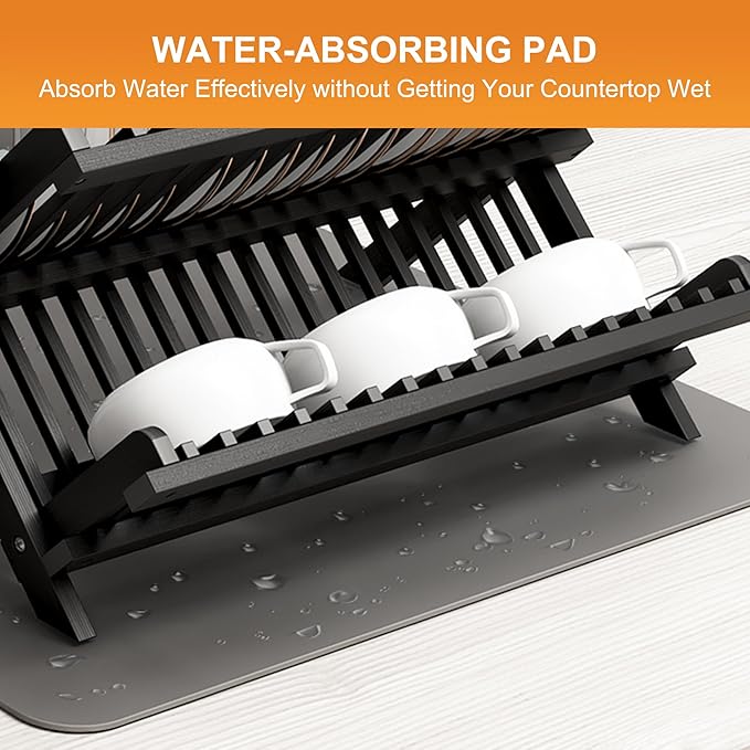 Greenual Black Bamboo Dish Drying Rack with Utensil Holder, 2 Tier Collapsible Dish Rack, Wooden Dish Racks for Kitchen Counter, Folding Drying Holder with Absorbent Dish Drying Mat
