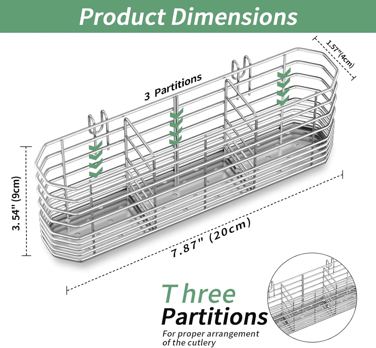 304 Stainless Steel Utensil Holder, Silverware Drying Rack with Hooks for Dish Drainer, Knife and Fork Drainer Basket with 3 Divided Compartments, Kitchen Drainage Basket Accessories, Rust Proof