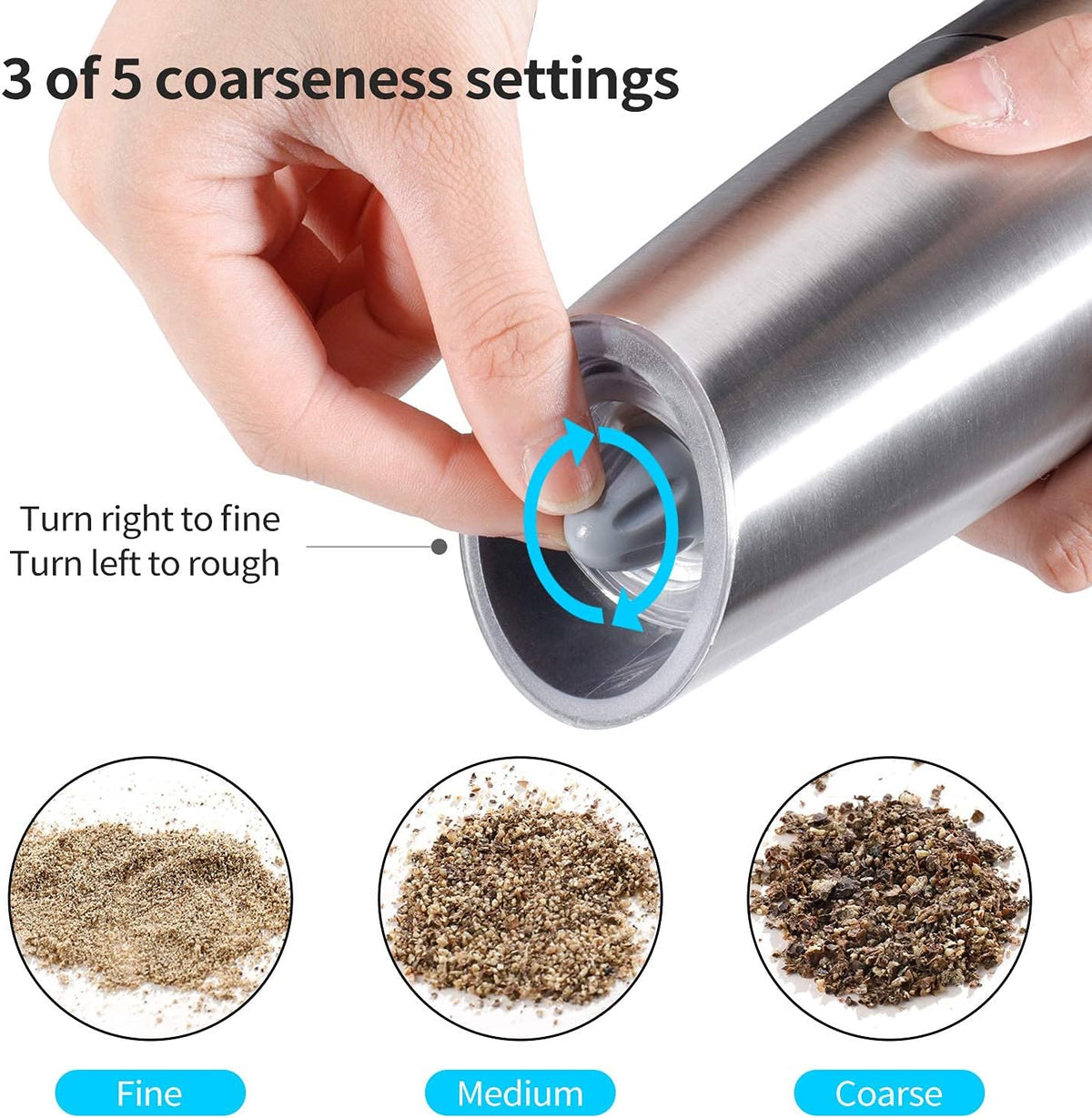 Gravity Electric Pepper and Salt Grinder Set, Adjustable Coarseness, Automatic Shakers Mill Grinder with LED Light, Battery Powered, Upgraded Larger Capacity, One Hand Operated (Sliver 2 Pack)