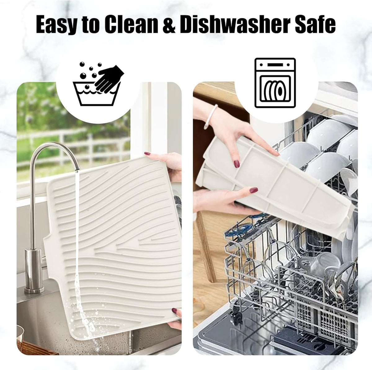 Dish Drying Mat, Stone Drying Mat for Kitchen Counter with Built-in Drain, Non-Slip Drying Matt Kitchen Counter, Heat Resistant Silicone Drying Mat, Dish Drying Pad, 2 Pcs(15.8"X 13", Cream)