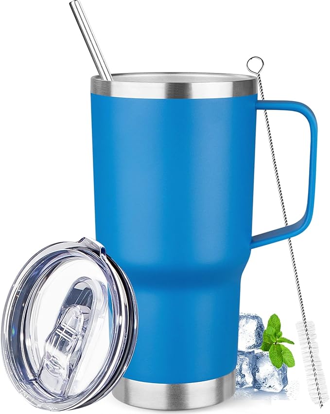 20 oz Tumbler with Handle Stainless Steel Insulated Coffee Mug Tumbler with Lid and Straw Double Wall Vacuum Insulated Coffee Mug Leak Proof Travel Mug Tumbler for Hot and Cold Drink (Sea Blue,1pack)