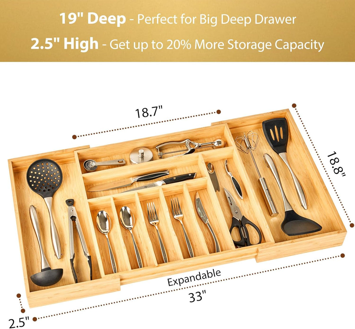 Umilife Extra Large Expandable Kitchen Siverware Utensils Drawer Organizer, 19" Deep for Big Drawer, Adjustable Bamboo Wood Drawer Divider with Curved Grooves, Cutlery Tray Flatware Holder