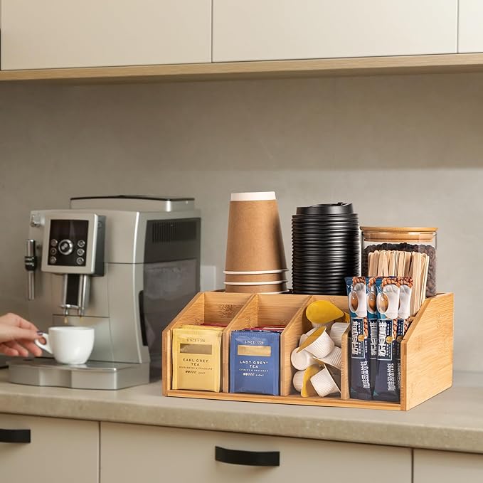 Bamboo Coffee Station Organizer for Countertop, Coffee Bar Accessories Organizer with 6 Compartments for Tea Bags Condiment, Pods, Creamer, Stirrer, Syrup, Cups