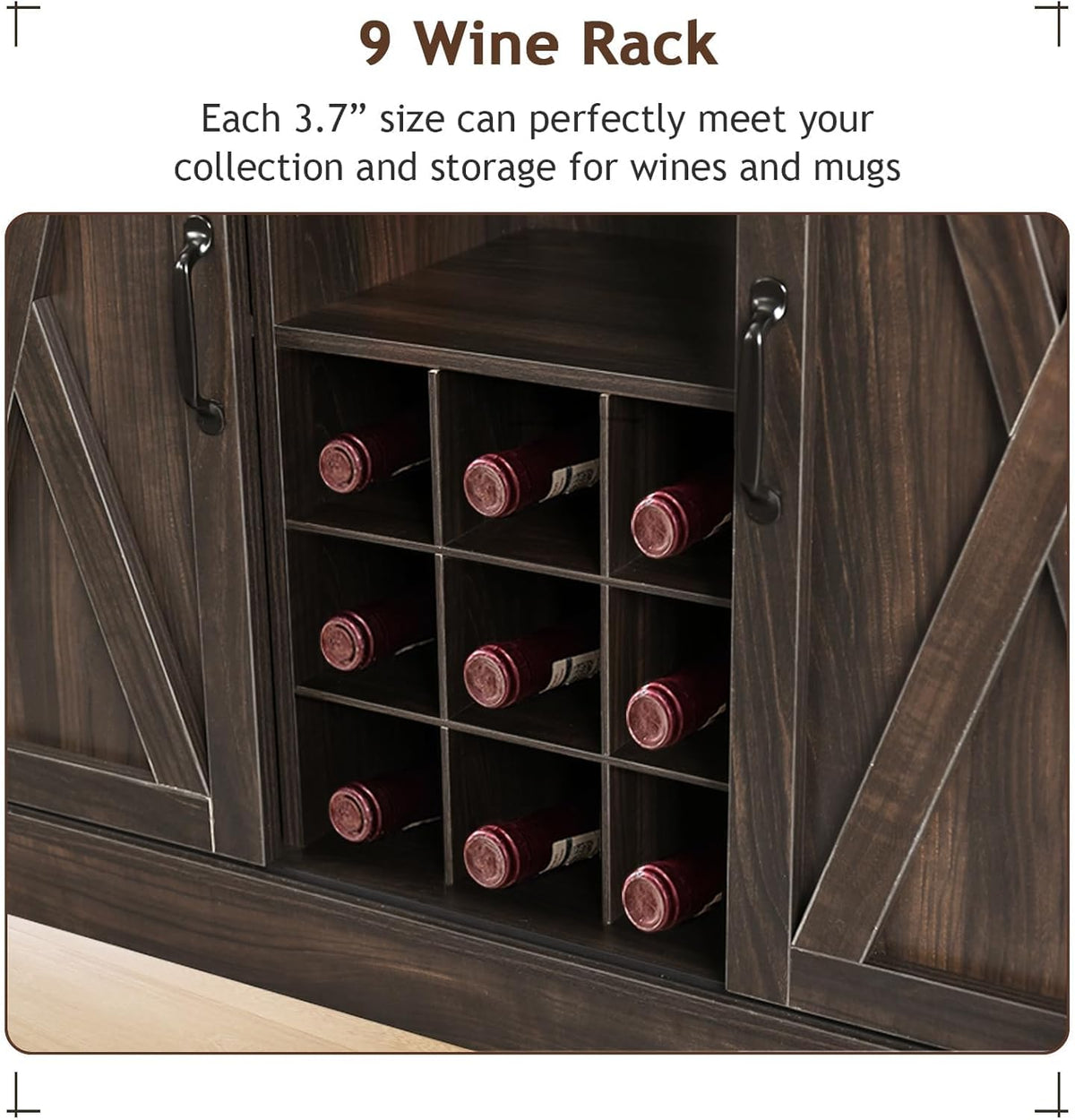 4ever2buy Farmhouse Coffee Bar Cabinet with 4 Mug Hooks, 72 Inch Wine Bar with with Hutch and 2 Sliding Barn Doors, Tall Coffee Bar with 9 Wine Racks for Living Dining Room, Dark Oak