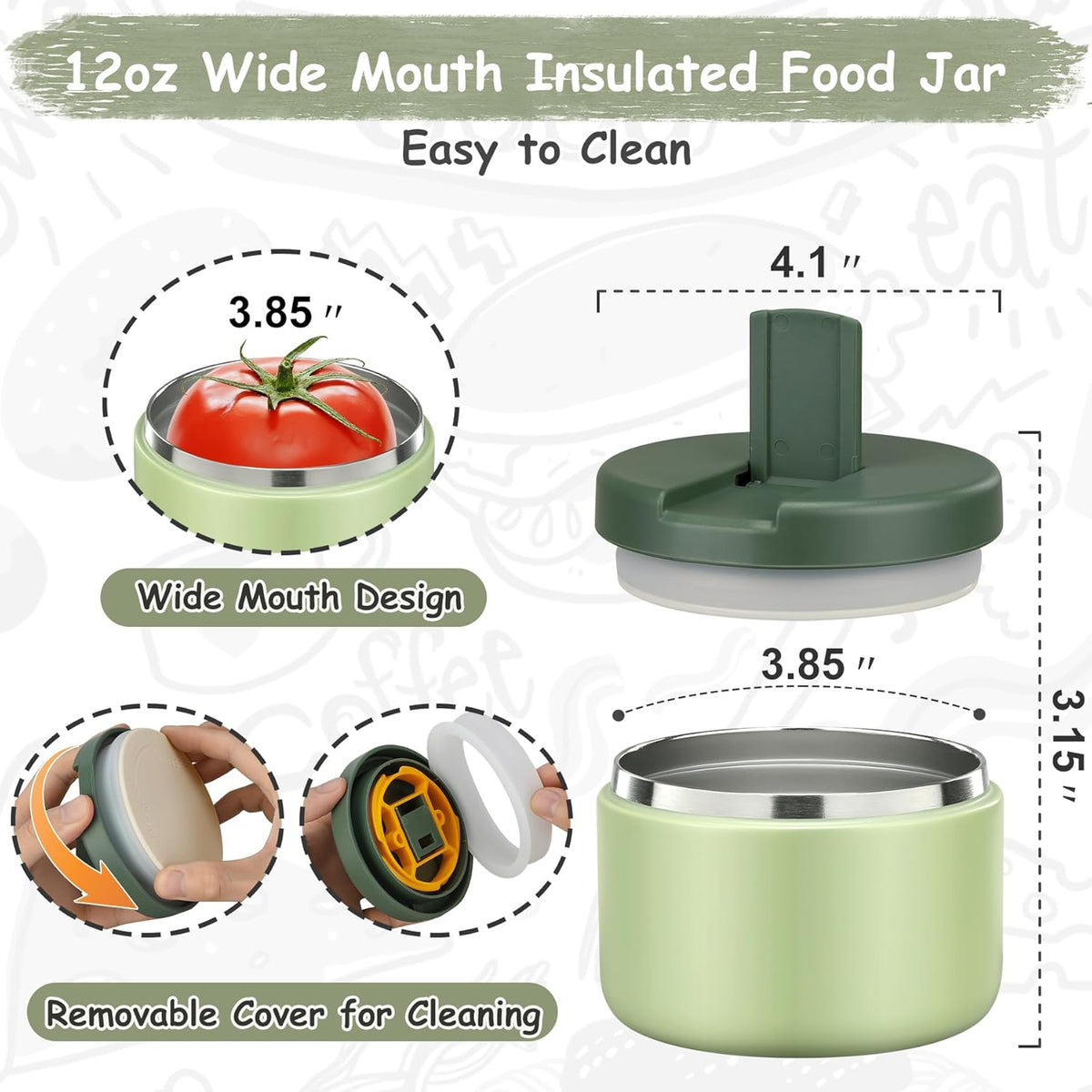 12oz Insulated Vacuum Food Jar with Buckle Lid Wide Mouth Soup Thermo for Hot Food Kids Leakproof Stainless Steel Lunch Container- Green- 1Pack