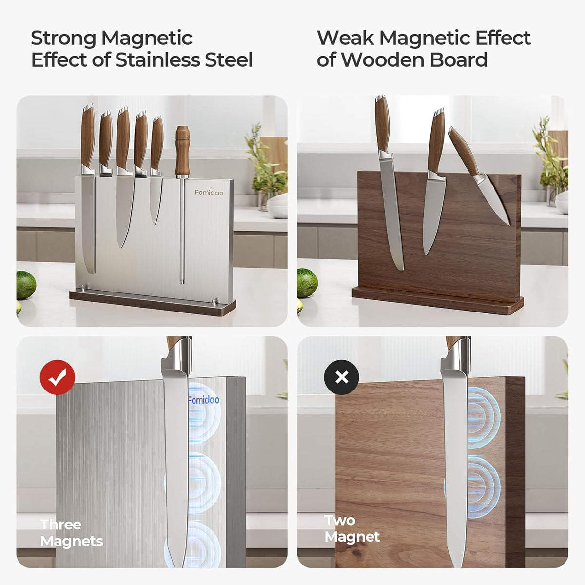 Magnetic Knife Block,Stainless Steel Magnetic Knife Holder Rack for Kitchen Counter,Strong Double Sided Magnet Knife Storage Stand with Wood Base