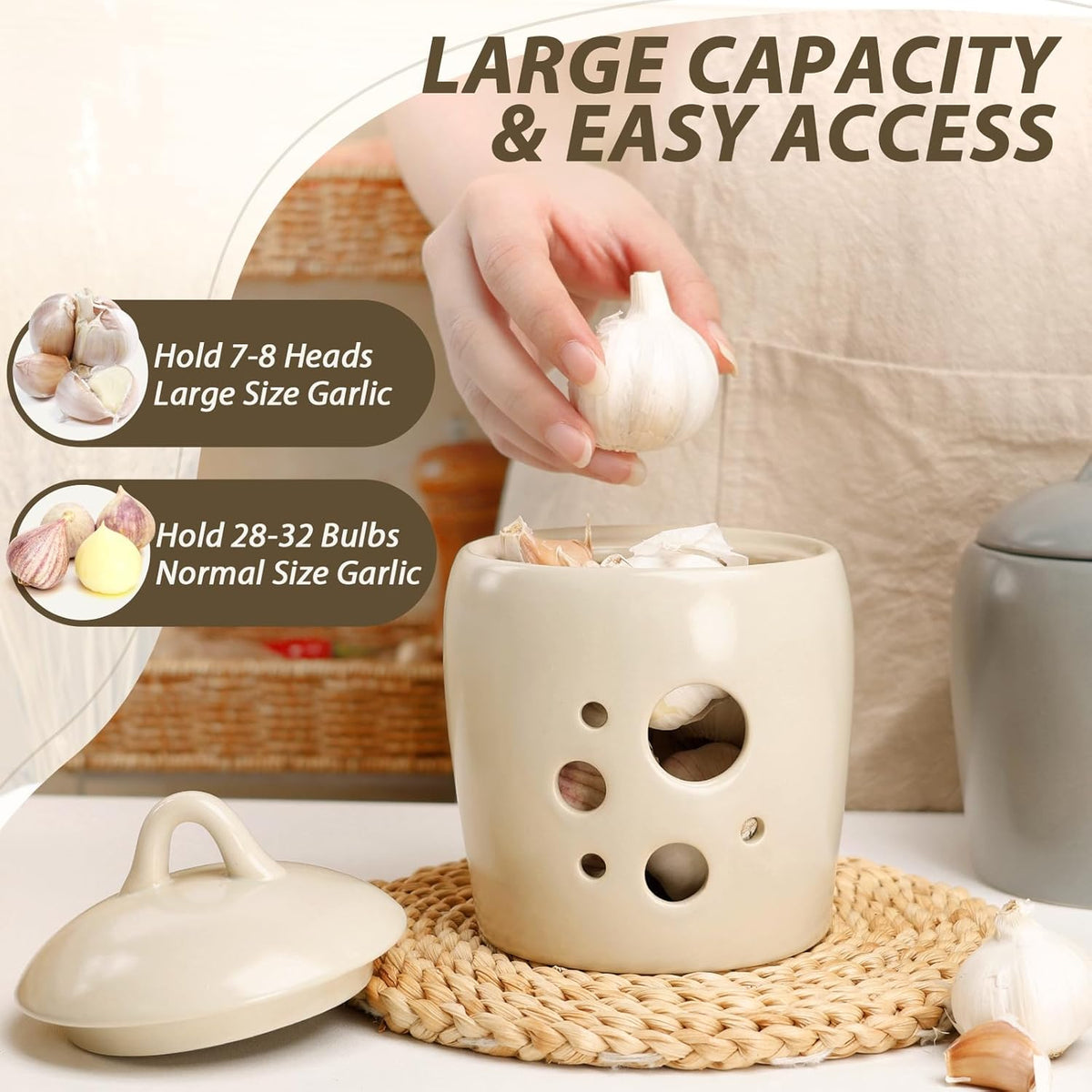 BosilunLife Ceramic Garlic Keeper - Garlic Storage Container with Lid Grey Garlic Jar for Kitchen Garlic Holder Countertop to Keep Your Garlic Cloves Fresh Longer
