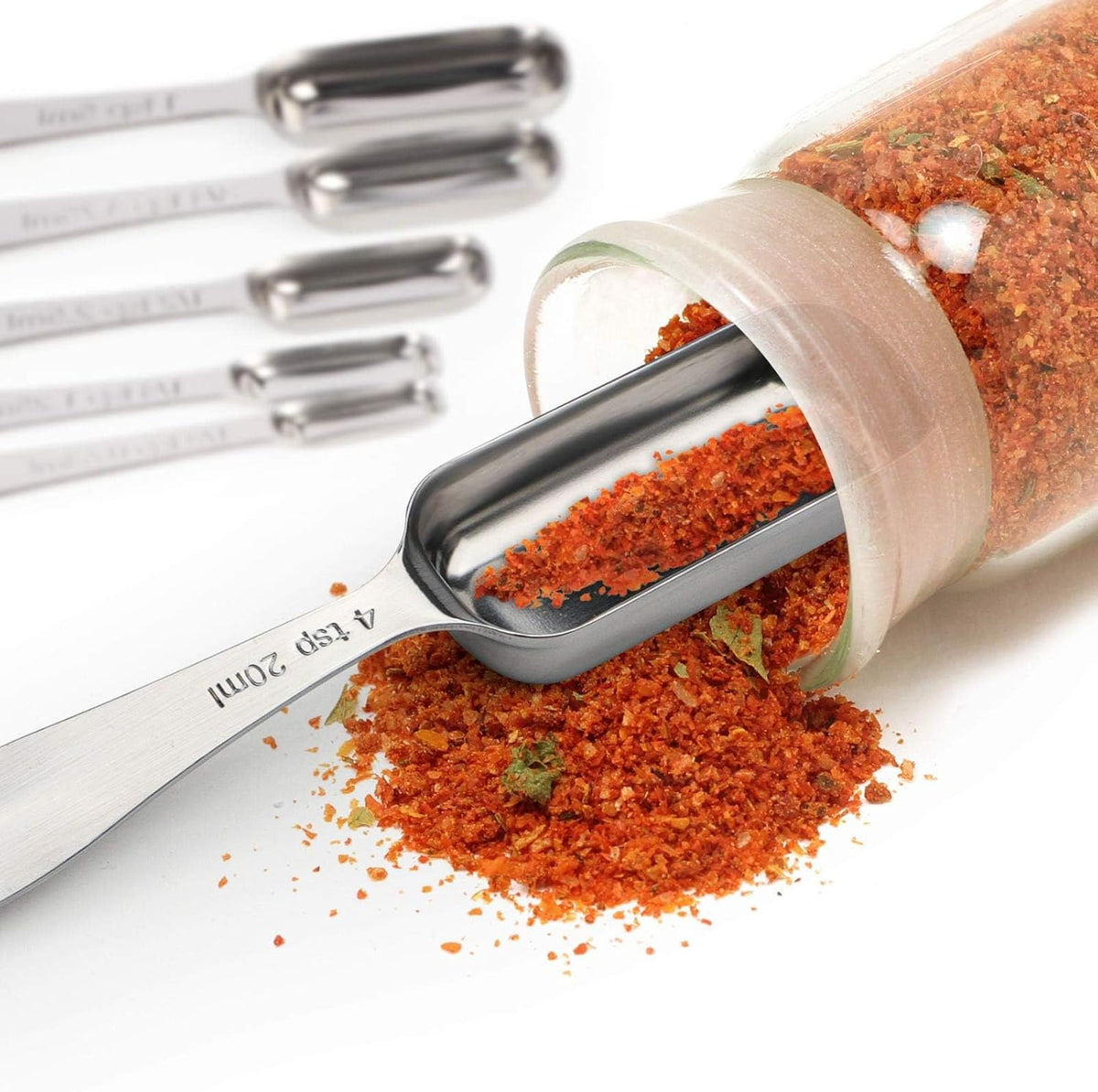 FANGSUN Stainless Steel Narrow Measuring Spoons, Heavy Duty Metal Measuring Spoons with Long Handle and Engraved Measurements Set of 10, For Dry or Liquid, Fits in Spice Jar