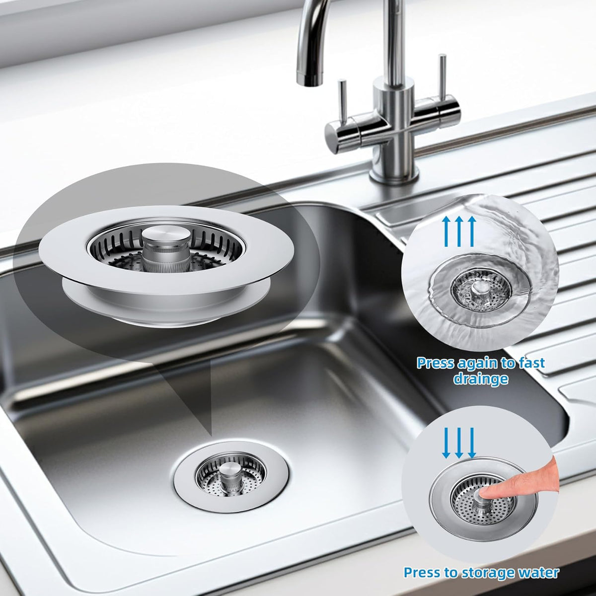 Hibbent All Metal Stainless Steel 3 in 1 Kitchen Sink Drain Strainer, Upgraded Anti-Rust Sink Stop Combo, Anti-Clogging Stainless Steel Basket Strainer with Metal Handle for US Standard 3-1/2" Drain