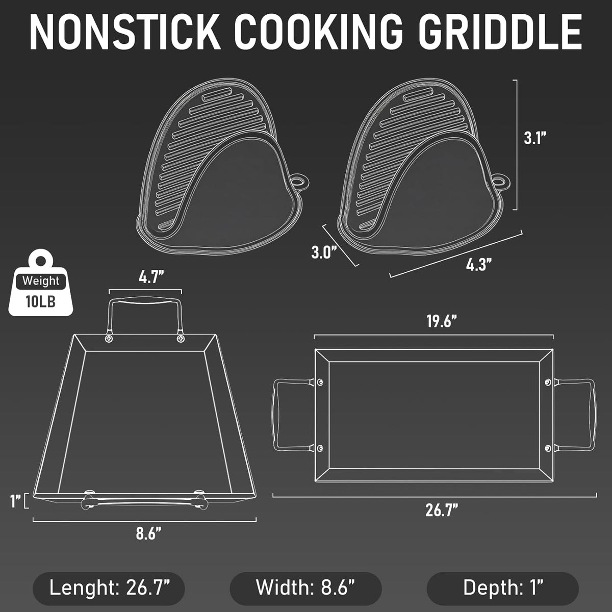 Utheer Upgraded Nonstick Cast Iron Griddle for Gas Grill, 26.7 x8.6" Double Burner Griddle Flat Top Grill Plate for Gas/Electric/Charcoal, Lightweight, Durable, Easy to Clean, for Stovetop,Camping,BBQ