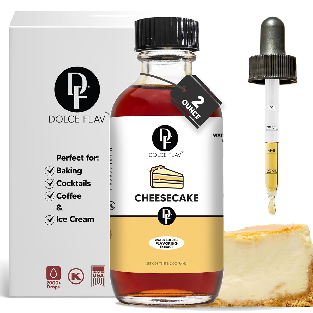Dolce Flav Cheesecake Extract – 2 Ounce Water-Soluble Kosher, Sugar-Free, Concentrated Creamy Flavor for Desserts, Frostings & Pastries, Includes Measured Dropper