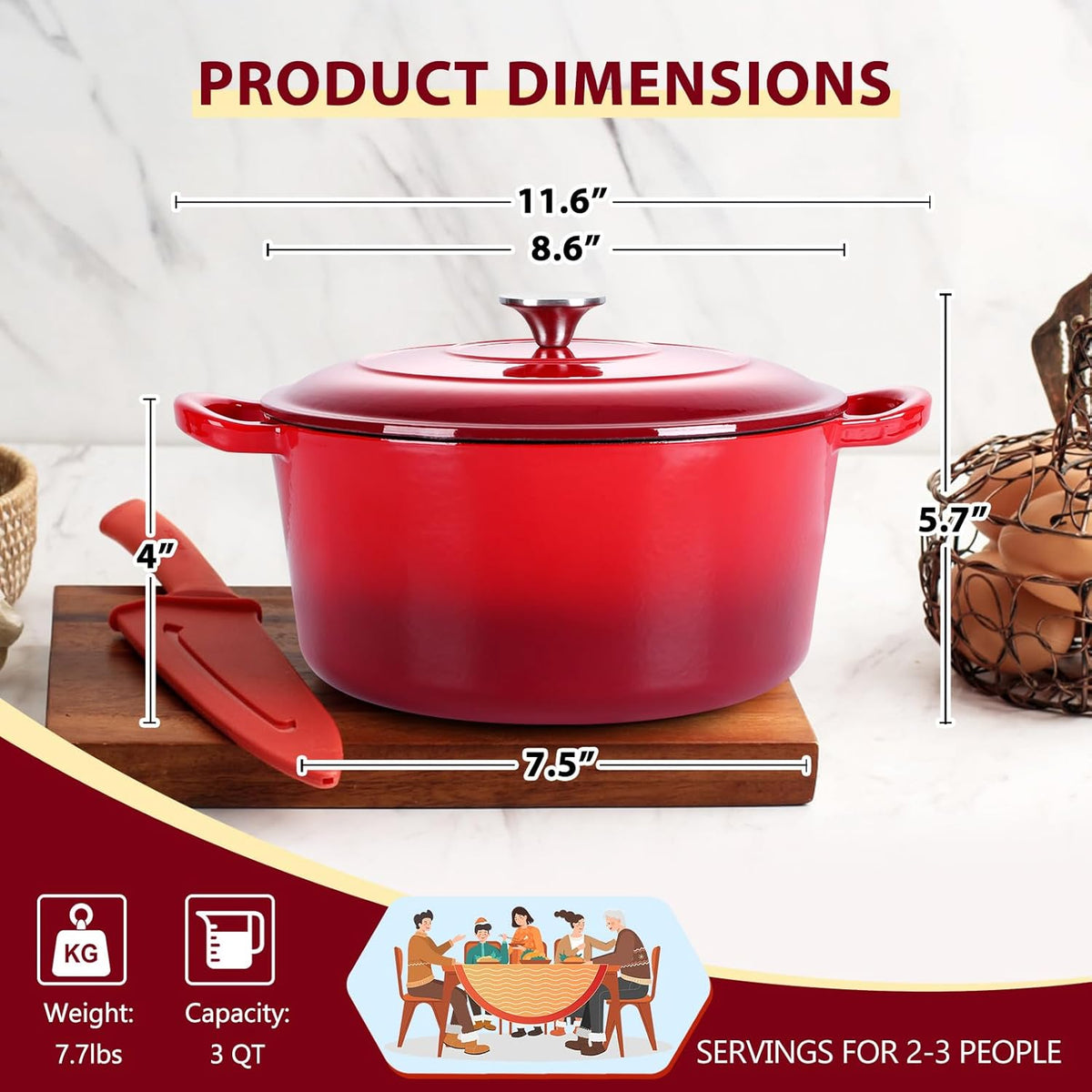 3 Qt Enameled Cast Iron Dutch Oven with Lid, E-far Small Round Nonstick Dutch Oven Pot for Bread Baking Braising Stews Roasting Cooking, Heavy Duty, Induction & Oven Safe - Red